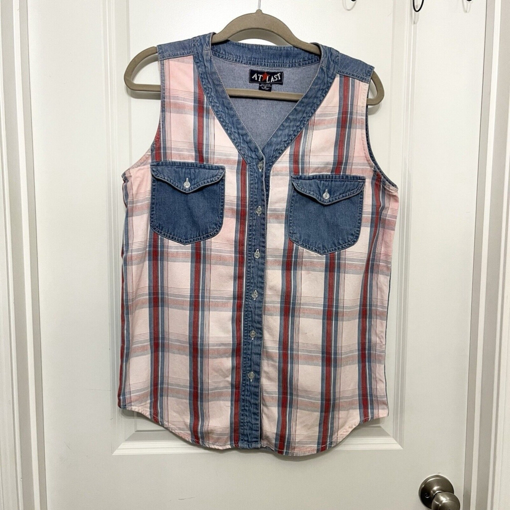 At Last Women’s Sleeveless Wester Blouse- Denim With Pink Plaid Front- SZ Medium